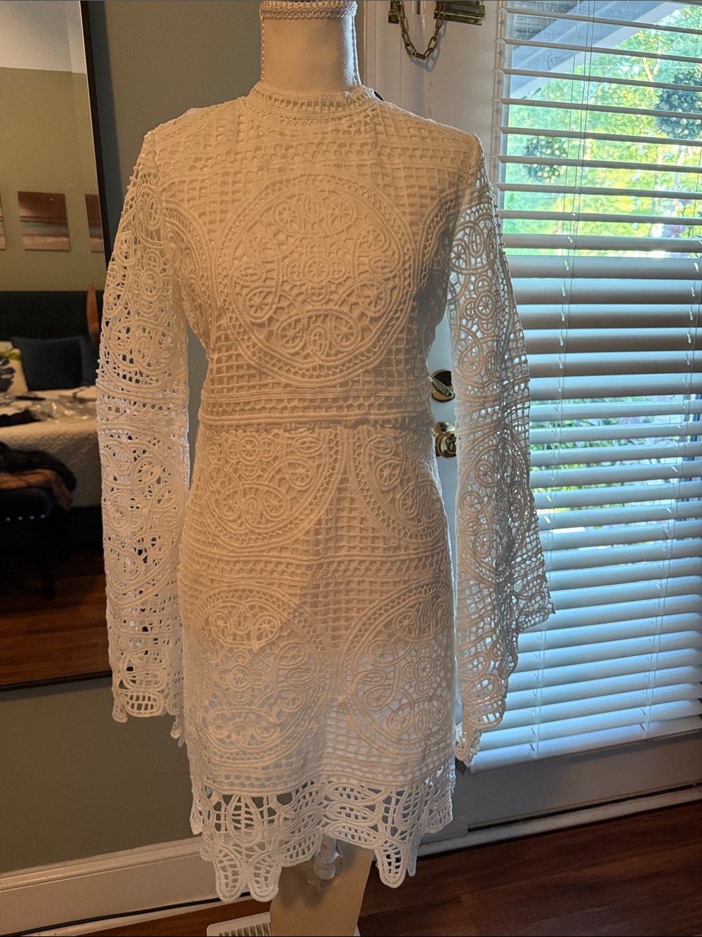 White Long-Sleeve Crochet Lace Mini Dress